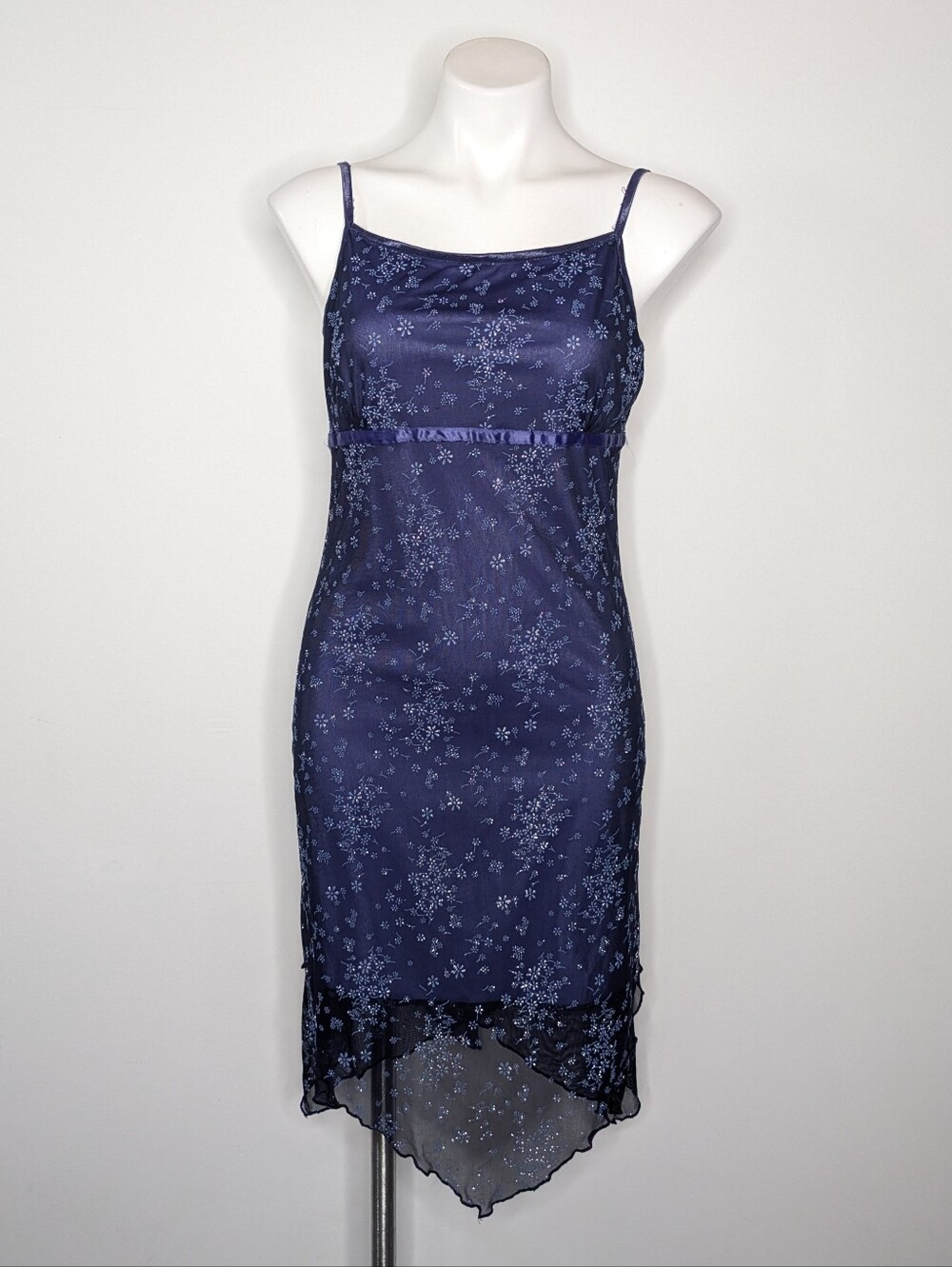 Vintage Y2K Rocket Candy Blue Ditsy Floral Handkerchief Hem Dress L